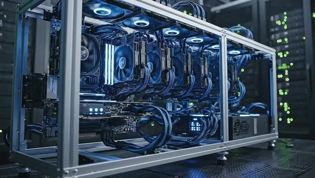 A detailed view of a server room featuring computer hardware