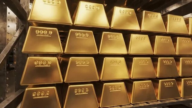 A collection of gleaming gold bars stacked securely. Each bar shines with its own unique luster