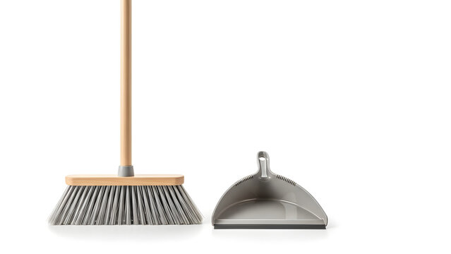 Broom and dustpan for cleaning on white background, concept of Spring Cleaning  