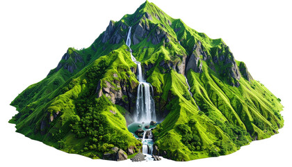 A vibrant, detailed illustration of a majestic mountain with multiple cascading waterfalls