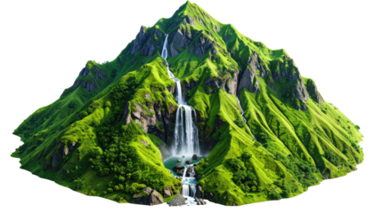 A vibrant, detailed illustration of a majestic mountain with multiple cascading waterfalls