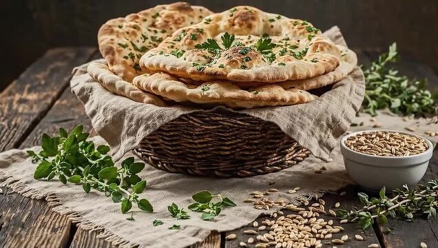 A mouthwatering shot of freshly baked flatbreads served in a rustic basket and sprinkled with fresh herbs. The scene is set on a wooden table, evoking warmth and deliciousness