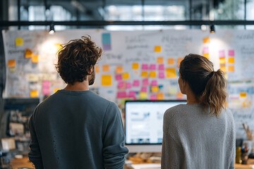 Two colleagues brainstorming at a modern office whiteboard covered in colorful sticky notes with a desktop monitor — creative team planning and strategy session