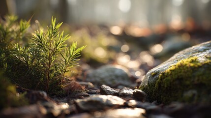 Fototapeta premium Tranquil forest floor with young seedling and mossy rock bathed in light