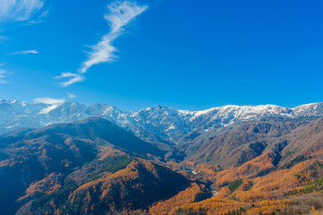 Beautiful Northern Alps and the sunlight during autumn in Hakuba, Nagano Prefecture, Japan.