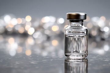 A single, sleek glass vial containing a clear, pristine liquid stands upright on a subtly reflective grey surface. The transparent container is capped with a dark, understated seal, emphasizing a clea
