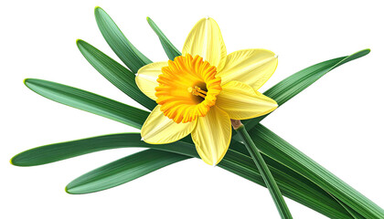 A vibrant, detailed image of a daffodil with a sunny yellow bloom and green foliage against black