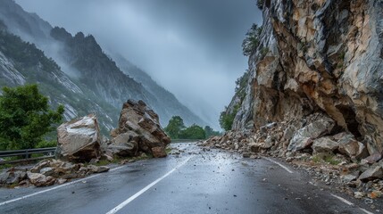 landslide of stones and earth onto a cement road surrounded by mountains