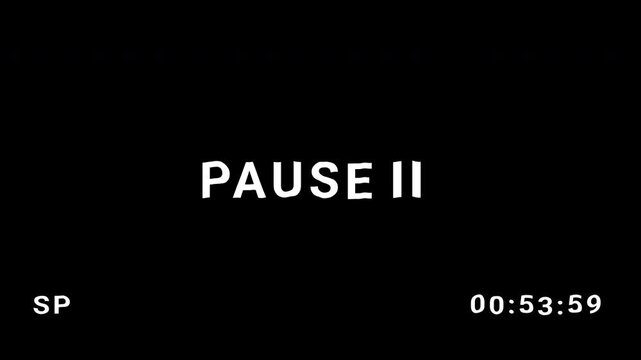 Pause VHS tape with glitch on black background. 4K video quality for editing.