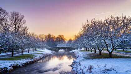 Snow Covered Riverside Park at Sunset with Bridge.