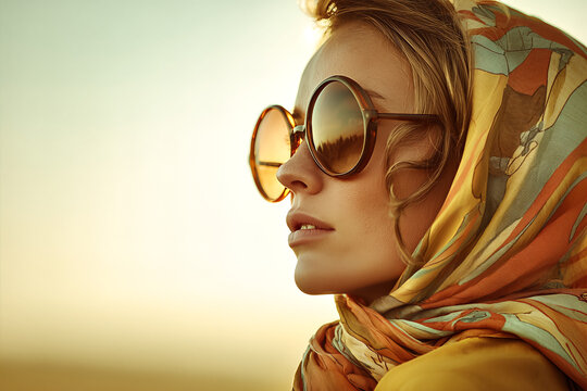 Sunset Portrait of a Stylish Woman in Round Sunglasses and Colorful Headscarf &mdash; Retro Chic Lifestyle, Golden Hour Fashion and Travel Vibes