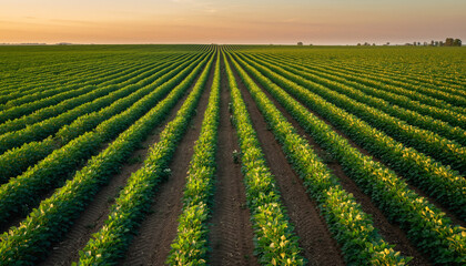 Sunset Over Expansive Green Field With Parallel Crop Rows.