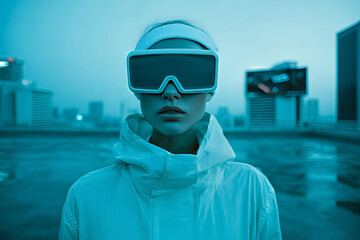Futuristic woman wearing oversized VR visor on an urban rooftop at dusk — high-tech fashion portrait blending virtual reality and wearable tech