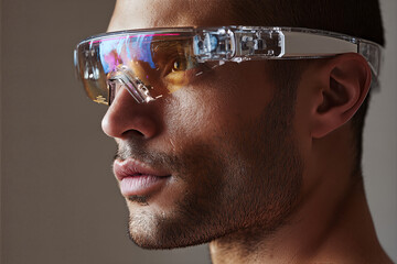 Futuristic close-up portrait of a man wearing transparent augmented reality smart glasses with colorful display reflections