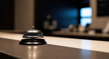 A close-up of a service bell on a counter, slightly blurred background