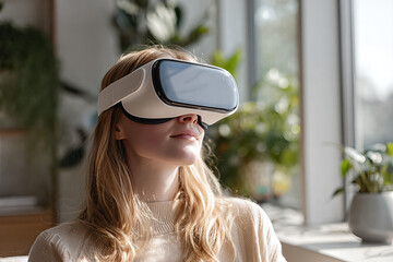 Young woman exploring immersive virtual reality at home with sleek VR headset, enjoying futuristic technology in a bright plant-filled interior