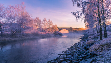 Winter Sunrise Over Snowy River with Stone Bridge独.