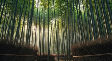 A dense bamboo forest with sunlight filtering through the canopy