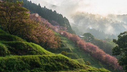 Mist Shrouded hillside with blooming pink trees.
