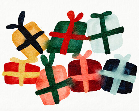 Festive Christmas watercolor presents with bows