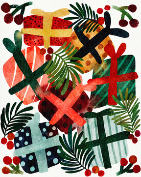 Festive Christmas decoration baubles and winter leaves and berries 