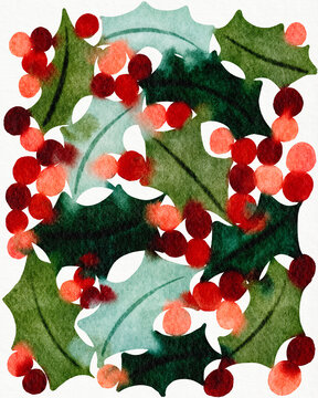 Watercolor festive holly and winter red berries