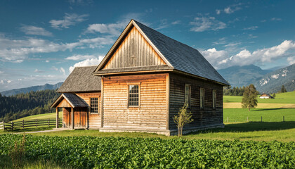 Sunny Rustic Wooden Cabin in a Green Countryside Landscape.
