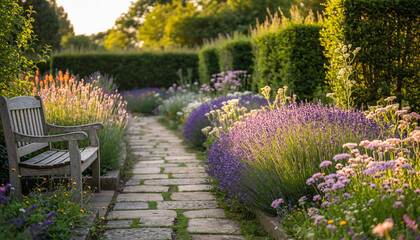 Tranquil garden path with blooming lavender and stone walkway.