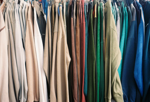 Colorful Vintage Hoodies on a Rack, 35mm Film