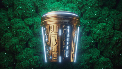 Futuristic Neon Cylinder Beacon Surrounded by Green Forest.
