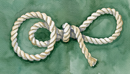 White Rope Knot on Green Background with Frayed Ends.