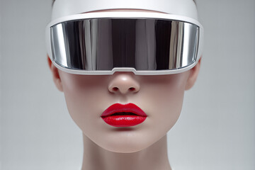 Futuristic fashion portrait of a woman wearing a sleek mirrored VR visor and bold red lipstick, glossy high-tech wearable beauty and minimal style