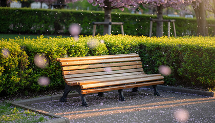 Quiet Park Bench by Hedge in Sunlit Garden Scene.