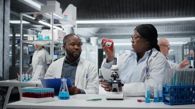 Laboratory analytical chemists examining biopsy slide, documenting diagnostic findings on clipboard. African american man and colleague identify petri dish disease markers, taking notes, camera A
