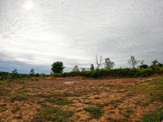 Dry Barren Land Under Cloudy Sky with Sparse Vegetation and Open Copy Space