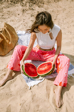 Enjoying fresh watermelon on a sunny day