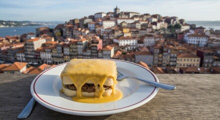 A layered sandwich smothered in sauce on a plate, overlooking a hillside city