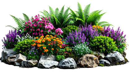 A vibrant garden bed, overflowing with colorful blooms and lush greenery, set on a bed of rocks