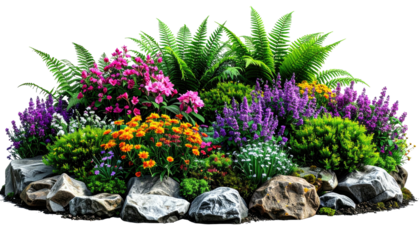 A vibrant garden bed, overflowing with colorful blooms and lush greenery, set on a bed of rocks
