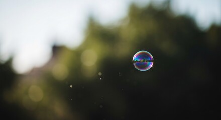 A lone iridescent soap sphere floats against a blurred green backdrop with hints of sky