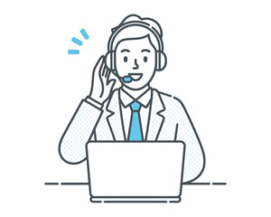A minimalist vector illustration of a businessman wearing a headset and working on a laptop
