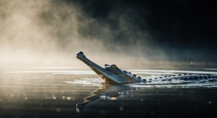 A reptile emerges from the misty water, back lit, in its natural habitat.