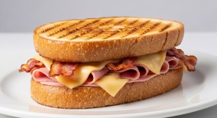 A grilled sandwich on a white plate with ham, bacon, and melted cheese between toasted bread