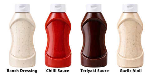 Cooking sauce squeeze bottle mockup collection with creamy and tomato based condiments isolated for clean food packaging and label design