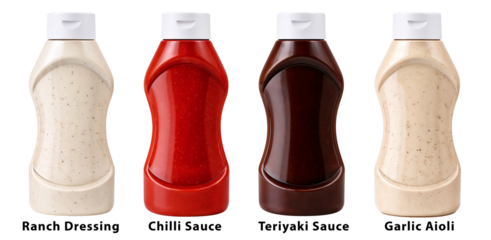 Cooking sauce squeeze bottle mockup collection with creamy and tomato based condiments isolated for clean food packaging and label design