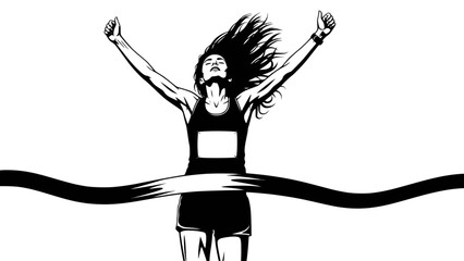Woman runner crossing the finish line. Silhouette of athletic looking female runner running. Vector, transparent background SVG version.
