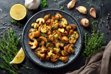 A visually appealing overhead shot showcasing a plate of perfectly sautéed mushrooms, seasoned with fresh green herbs. The rustic dark plate is surrounded by an assortment of vibrant, raw ingredients,
