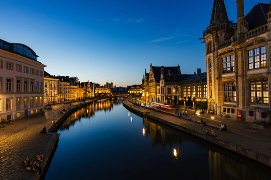 Beautiful Evening Lights by the Canal in a Historic Town