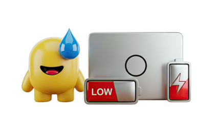 3D Yellow Character with Droplet and Low Battery Indicators