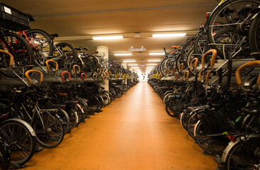 Bicycles Neatly Parked in a Spacious Indoor Storage Area